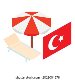 Turkey vacation icon isometric vector. Turkish flag, beach umbrella and chaise longue. Tourist country, recreation concept