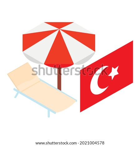 Turkey vacation icon isometric vector. Turkish flag, beach umbrella and chaise longue. Tourist country, recreation concept