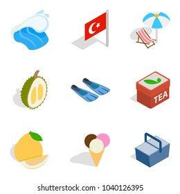 Turkey vacation icons set. Isometric set of 9 turkey vacation vector icons for web isolated on white background