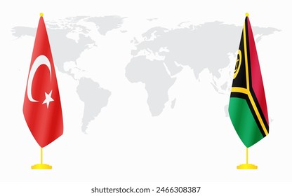 Turkey and Vanuatu flags for official meeting against background of world map.