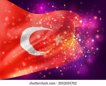 Turkey vector 3d flag on pink purple background with lighting and flares