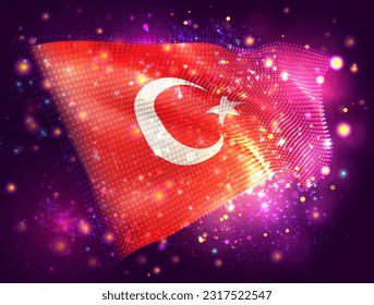 Turkey, vector 3d flag on pink purple background with lighting and flares