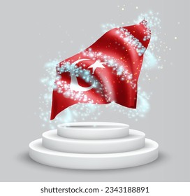 Turkey, vector 3d flag on the podium surrounded by a whirlwind of magical radiance