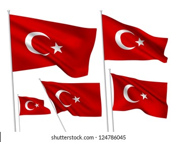 Turkey vector flags set. 5 wavy 3D cloth pennants fluttering on the wind. EPS 8 created using gradient meshes isolated on white background. Five fabric flagstaff design elements from world collection