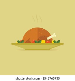 Turkey vector flat icon illustration thanksgiving day on dish isolated. Meal natural bird hat pilgrim fowl, brown, holiday symbol chicken. Dinner farm design color art silhouette food harvest cartoon