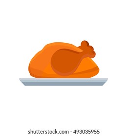 Turkey Vector Flat Icon Illustration Thanksgiving Day On Dish Isolated. Meal Natural Bird Hat Pilgrim Fowl, Brown, Holiday Symbol Chicken Dinner Farm Design Color Art Silhouette Food Harvest Cartoon 