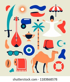 Turkey, vector flat illustration, icon set, white background.