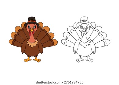 Turkey Vector Illustration Set – Cute Thanksgiving Turkey Clipart and Black White Coloring Page for Kids, Simple Flat Holiday Animal Design
