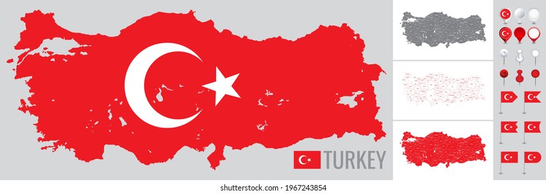 Turkey vector map with flag, globe and icons on white background