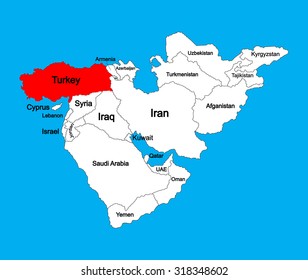 Turkey vector map silhouette illustration isolated on Middle east vector map.