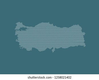 Turkey vector map using white binary digits on dark background to mean digital country and the advancement of technology illustration