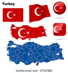 Turkey vector set. Detailed country shape with region borders, flags and icons isolated on white background.