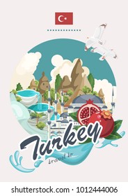 Ilustración de vacaciones vectoriales en Turquía. Cartel de la agencia de viajes.