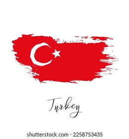 Turkey vector watercolor national country flag icon. Hand drawn illustration with dry brush stains, strokes, spots isolated on gray background. Painted grunge style texture for posters, banner design