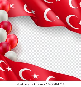 Turkey vertical flyer with copy space. Realistic fluttering flag and colorful helium balloons on transparent background. Independence and patriotism vector banner. Turkey country holiday event