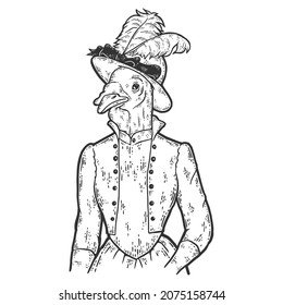 Turkey victorian lady. Woman in hat and suit. Fashion animal character. Hand drawn sketch.