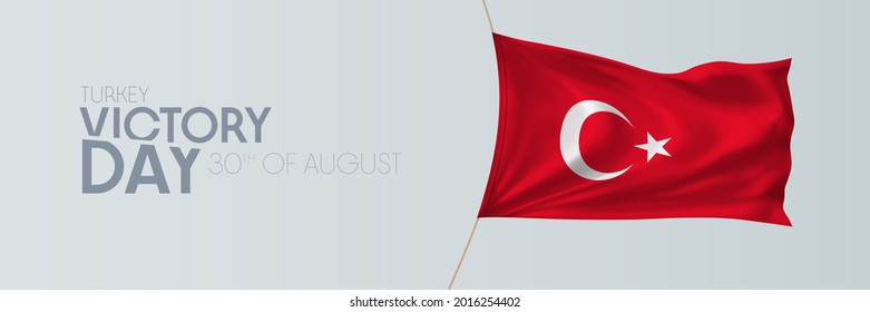 Turkey Victory day vector banner, greeting card. Turkish wavy flag in 30th of August national patriotic holiday horizontal design