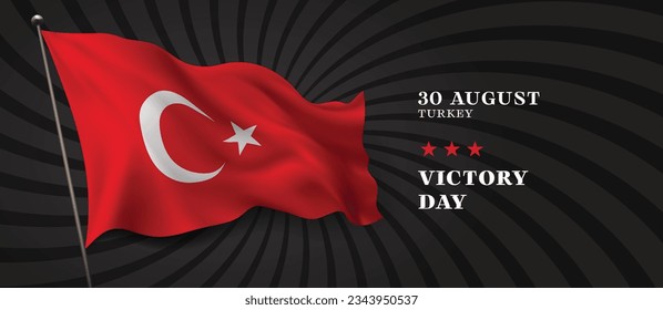 Banner vectorial del día de la victoria en Turquía, tarjeta de saludo. Bandera ondulada turca en el diseño horizontal de la fiesta patriótica nacional del 30 de agosto