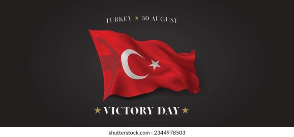 Banner vectorial del día de la victoria en Turquía, tarjeta de saludo. Bandera ondulada turca en el 30 de agosto Día nacional patriótico diseño horizontal con bandera realista