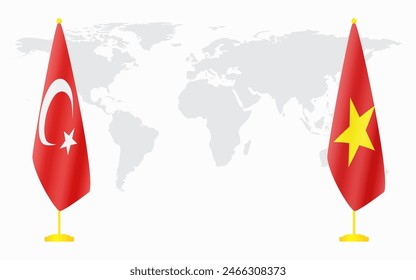 Turkey and Vietnam flags for official meeting against background of world map.