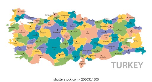 Turkey vintage map. High detailed vector map with pastel colors, cities and geographical borders