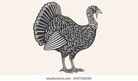 Turquía. Impresión retro de Antiguas, dibujo de pavo blanco negro, grabar estilo de la vieja escuela. Sketch obra de arte silueta de pavo sobre fondo blanco. Perfil de vista lateral. Ilustración vectorial