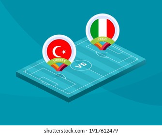 Turkey vs Italy euro 2020 match. Football 2020 championship match versus teams intro sport background, championship competition final poster, flat style vector illustration.