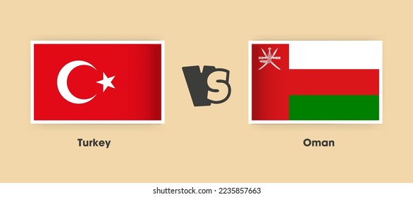 Türkei gegen Oman-Flaggen nebeneinander platziert. Kreative stylische Nationalflaggen Türkei vs. Oman mit Hintergrund