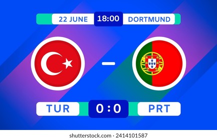 Elemento de diseño de partido Turquía vs Portugal. Marca Iconos con transparencia aislados en fondo azul. Infografía De La Competencia Del Campeonato De Fútbol. Anuncio, plantilla de puntuación de juego. Gráficos vectoriales