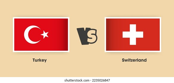 Die Flags Türkei gegen Schweiz werden nebeneinander angeordnet. Kreative, stylische Nationalflaggen der Türkei gegenüber der Schweiz mit Hintergrund