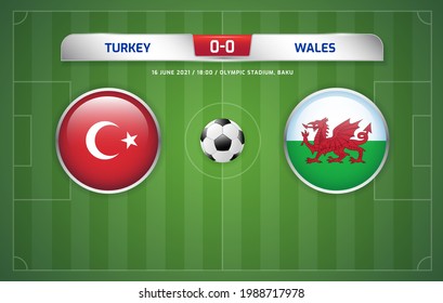 Turkey vs Wales scoreboard broadcast template for sport soccer and football tournament championship 2020 Groups A vector illustration