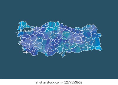 Turkey watercolor map vector illustration in blue color with border lines of different provinces on dark background using paint brush on page