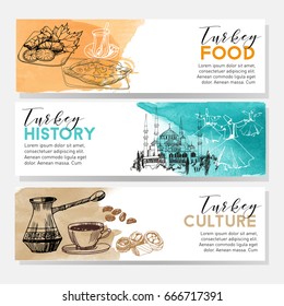 Turkey. Watercolor vector set of turkey banners