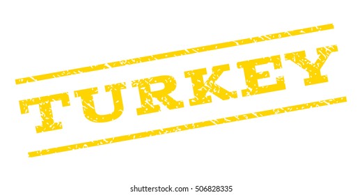Turkey watermark stamp. Text caption between parallel lines with grunge design style. Rubber seal stamp with dust texture. Vector yellow color ink imprint on a white background.