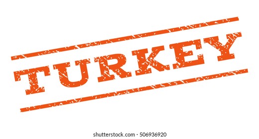 Turkey watermark stamp. Text caption between parallel lines with grunge design style. Rubber seal stamp with scratched texture. Vector orange color ink imprint on a white background.