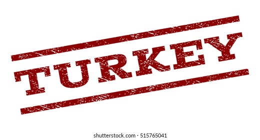 Turkey watermark stamp. Text caption between parallel lines with grunge design style. Rubber seal stamp with unclean texture. Vector dark red color ink imprint on a white background.