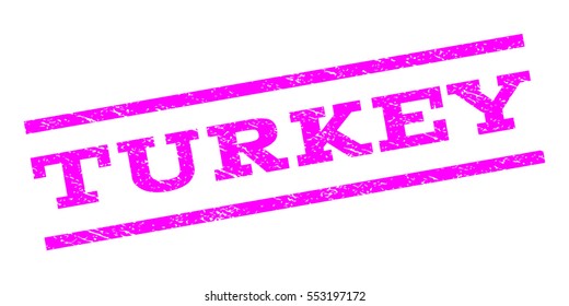 Turkey watermark stamp. Text caption between parallel lines with grunge design style. Rubber seal stamp with dirty texture. Vector magenta color ink imprint on a white background.