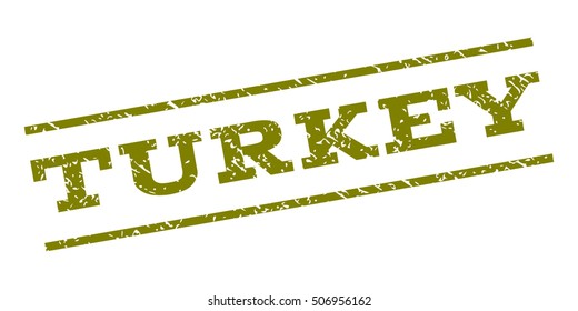 Turkey watermark stamp. Text tag between parallel lines with grunge design style. Rubber seal stamp with scratched texture. Vector olive color ink imprint on a white background.