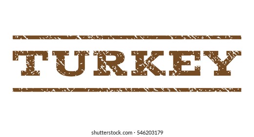 Turkey watermark stamp. Text tag between horizontal parallel lines with grunge design style. Rubber seal stamp with dirty texture. Vector brown color ink imprint on a white background.