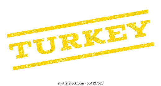 Turkey watermark stamp. Text tag between parallel lines with grunge design style. Rubber seal stamp with dirty texture. Vector yellow color ink imprint on a white background.
