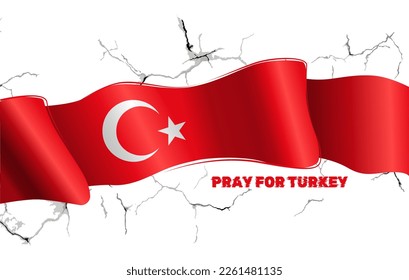 Turkey wave flag banner on background with cracks. Turkey earthquake