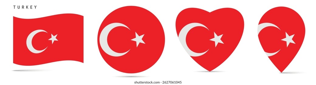 Turkey waving flag, round circle sticker badge, heart shaped icon, map pin. Turkish flag buttons of different shapes. Vector illustration isolated on white.
