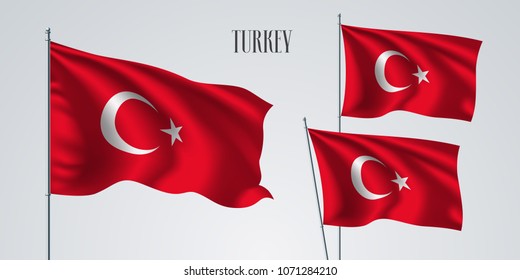 Turkey waving flag set of vector illustration. White red colors of Turkey wavy realistic flag as a patriotic symbol 