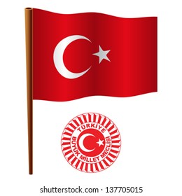 turkey wavy flag and coat of arm against white background, vector art illustration, image contains transparency