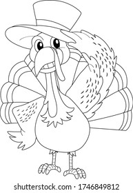 Turkey wearing hat coloring page cartoon vector art and illustration