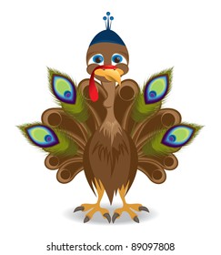 Turkey wearing a hat and peacock feathers. Hiding his identity from Thanksgiving.