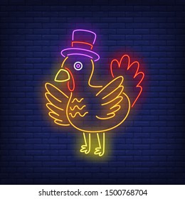 Turkey wearing topper hat neon sign. Thanksgiving Day, animal design. Night bright neon sign, colorful billboard, light banner. Vector illustration in neon style.