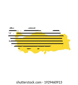 Turkey - yellow country silhouette with shifted black stripes. Memphis Milano style design. Slimple flat vector map.