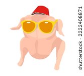 Turkey in yellow glasses and a hat, carcass, meat, poultry. Thanksgiving, joke, sitcom, friends. Vector illustration on a white background.