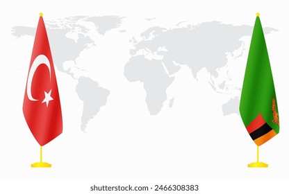 Turkey and Zambia flags for official meeting against background of world map.